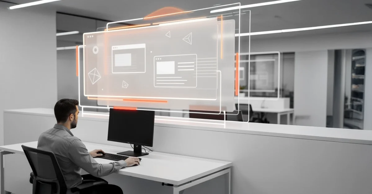 Man seated at a desk in a modern office, interacting with large translucent holographic screens hovering in front of him.
