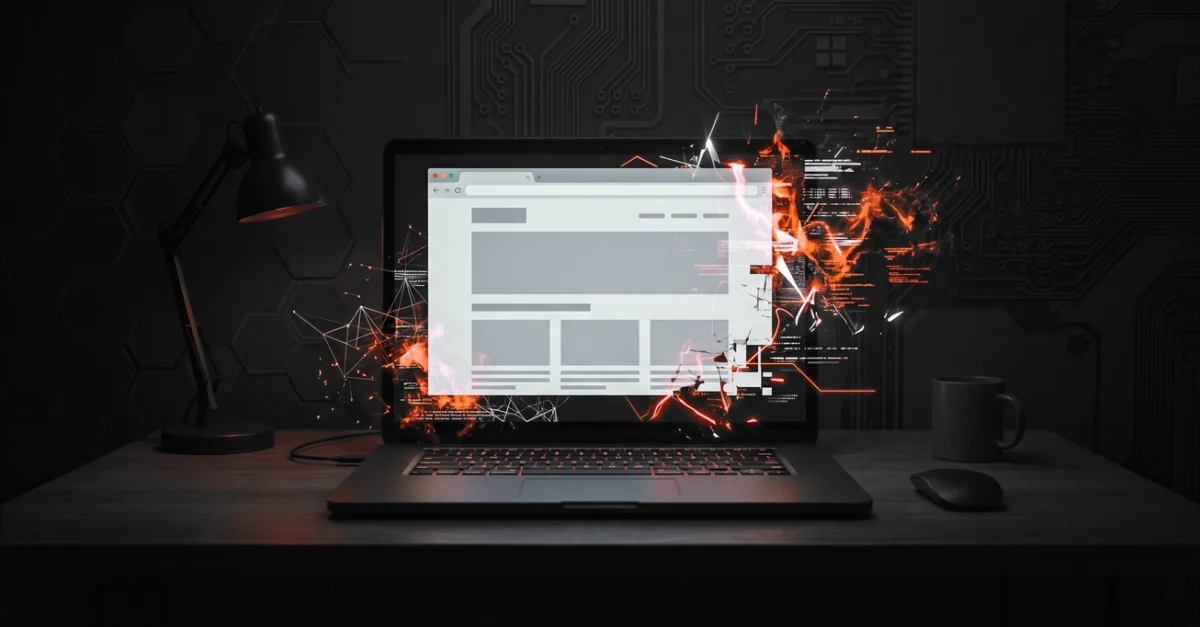 Laptop on a desk with a cracked, fiery digital interface emerging from the screen, symbolizing cyberattack or hacking.issuing as a visual metaphor for cybersecurity breach.