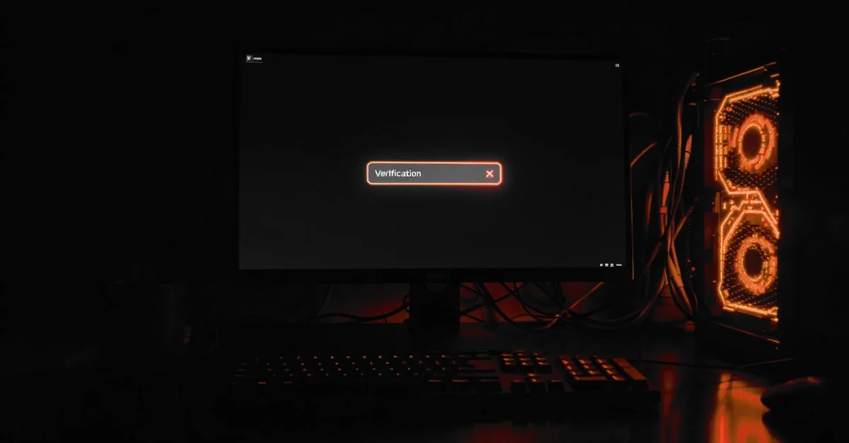 Dark desk setup with a monitor showing a glowing 'Verification' progress bar, surrounded by orange RGB PC lighting.