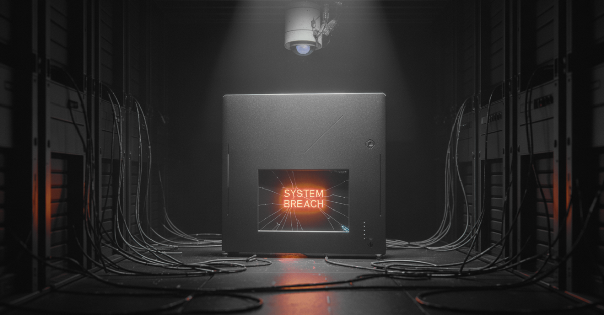 Dark data center with a black server enclosure; a glowing screen reads 'SYSTEM BREACH' in orange.