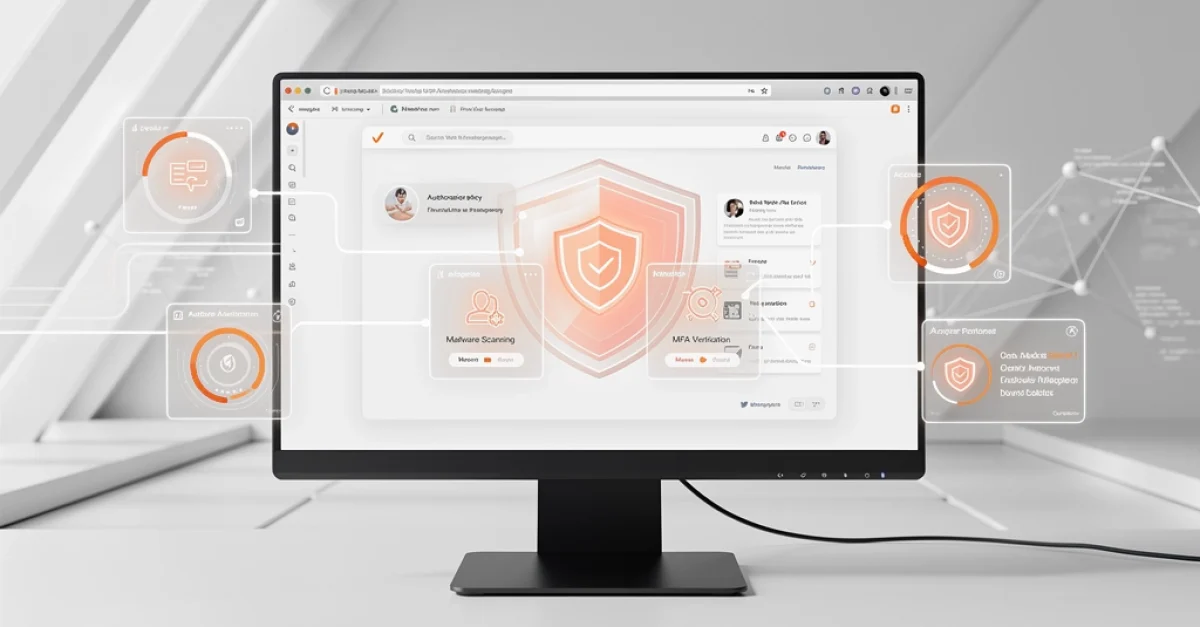 Desktop monitor showing a cybersecurity dashboard with orange shield icons and floating status panels, connected by lines.
