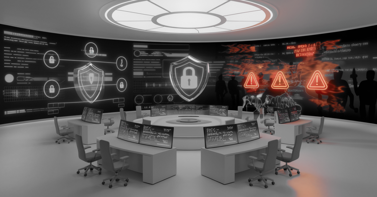 Room with desks and security holographics