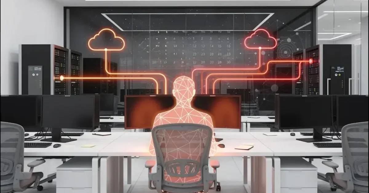 Futuristic data center with a glowing humanoid figure seated at a desk, connected to cloud servers by orange data lines on a transparent holographic display.