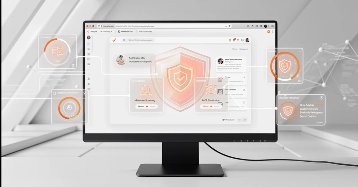 Monitor displaying a cybersecurity dashboard with orange shield icons and floating data panels connected by lines.