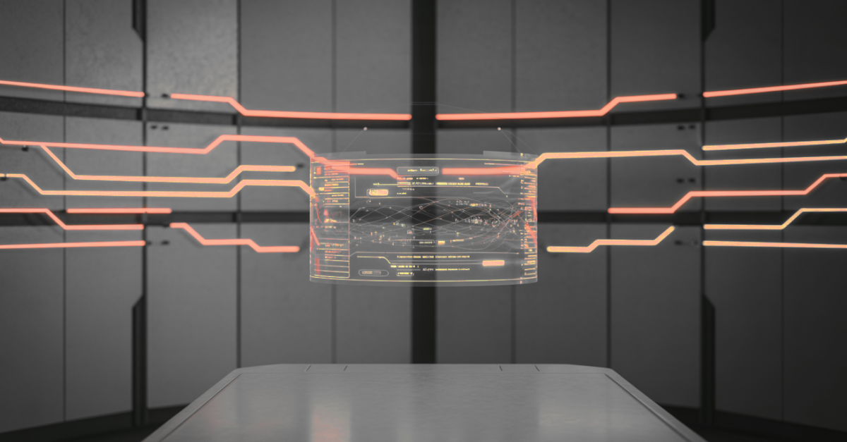 Floating holographic data dashboard hovering above a table in a high-tech lab, with glowing orange circuit lines around it.