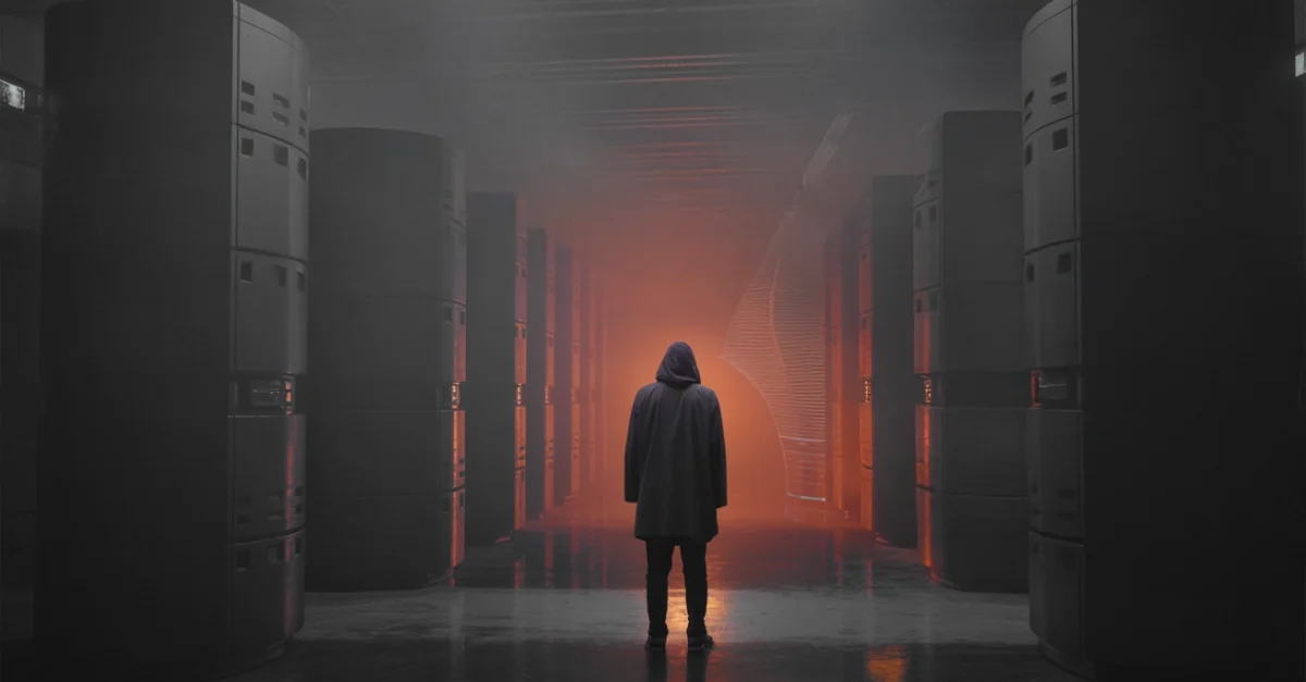 A solitary figure in a hooded cloak stands in a dim data center corridor, facing an orange glow at the end among rows of server racks.