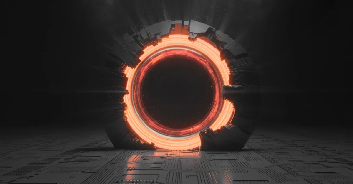 Glowing orange circular portal set in a dark sci‑fi environment with a fractured outer ring.