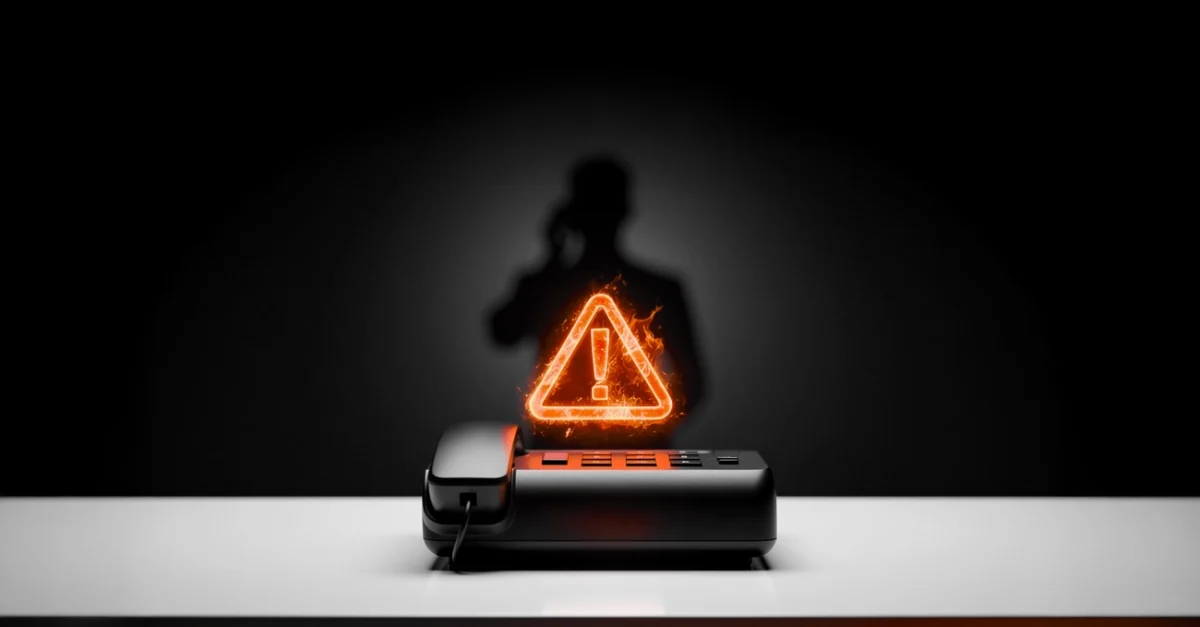 Landline telephone on a desk with a glowing orange warning triangle hovering above it.