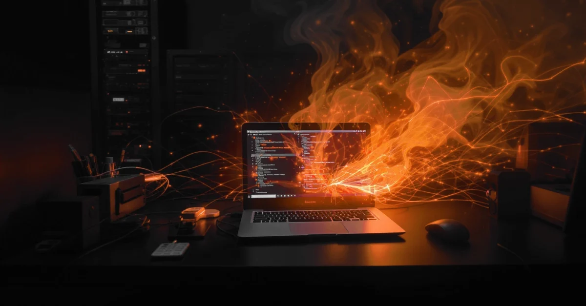 Laptop open on a dark desk with bright orange light trails bursting from the screen, suggesting intense coding or cyber activity.