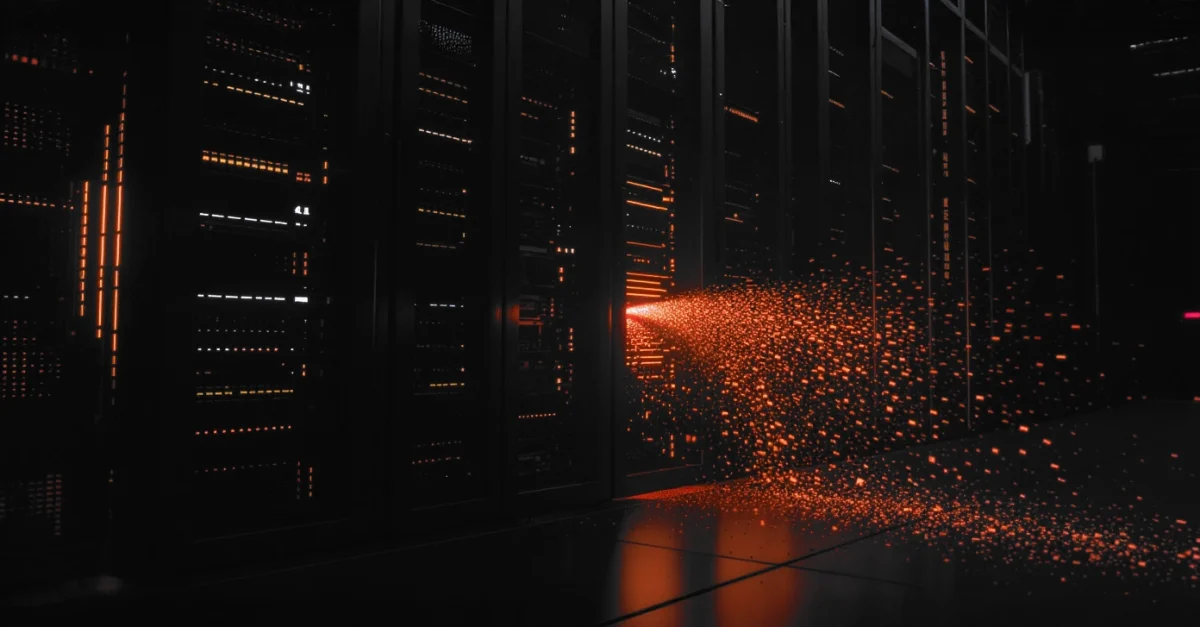 Dark data center with rows of server racks and glowing orange lights; a burst of orange particles streams from a rack toward the floor.
