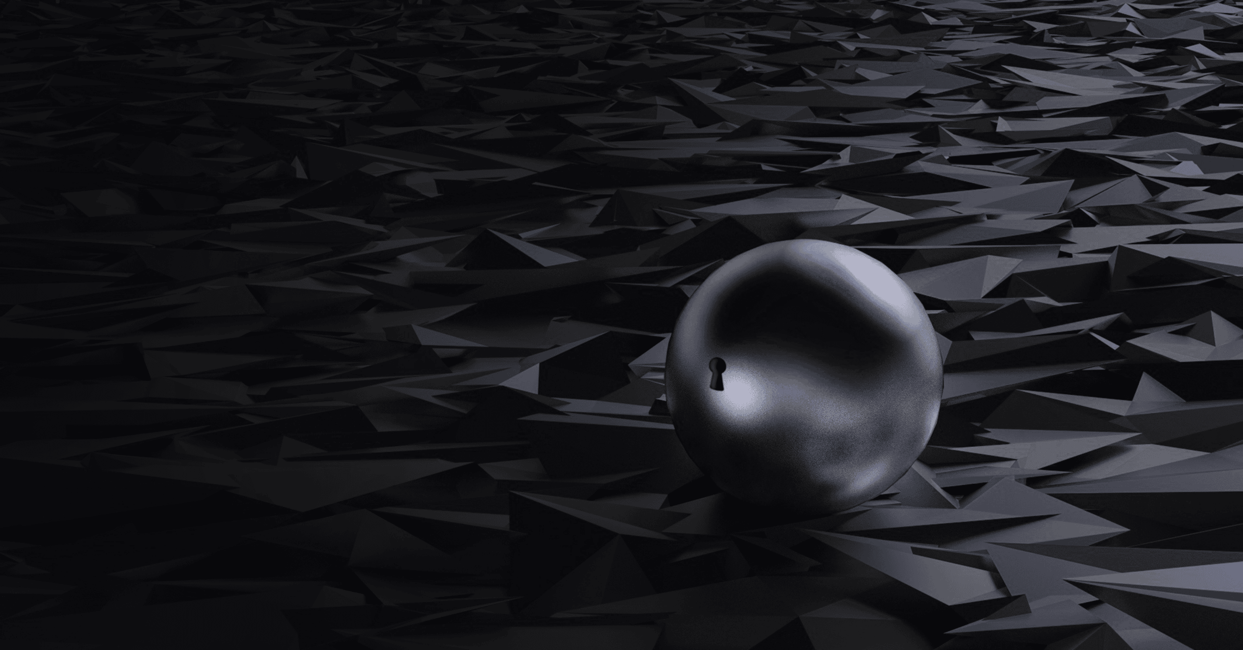 Black and white digital artwork of a ball with a keyhole sitting on a bed made of 3d triangles. » admin by request