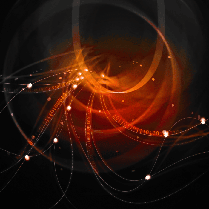 Digital artwork of orange strands of code and lines coming out of a centre point. » admin by request