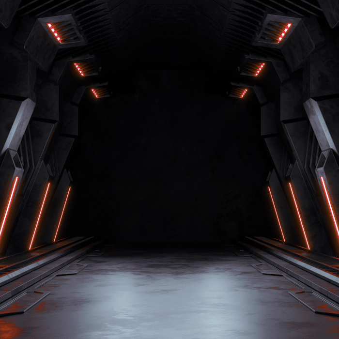 A black and grey, dark hallway with orange lights on the ceiling and wall beams. » admin by request