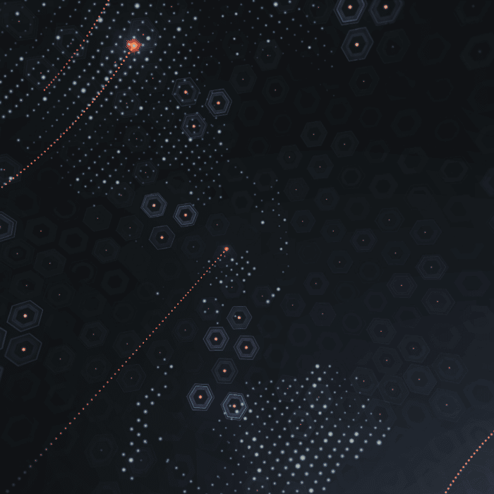 Orange light specs leaving a trail on dark background with groups of hexagons. » admin by request