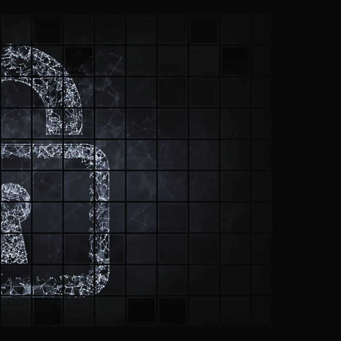 Digital tile based artwork of a padlock designed out of white dots and lines of networks. » admin by request