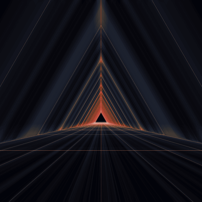 Orange and black digital artwork of many prisms making a 3d like pathway. » admin by request