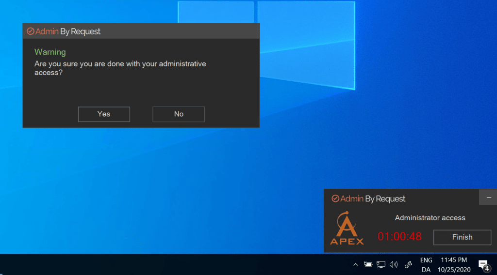 Image-1 » admin by request A screenshot of the administrator access feature functioning. On the bottom right a little pop up indicates how much time is left as administrator. » admin by request
