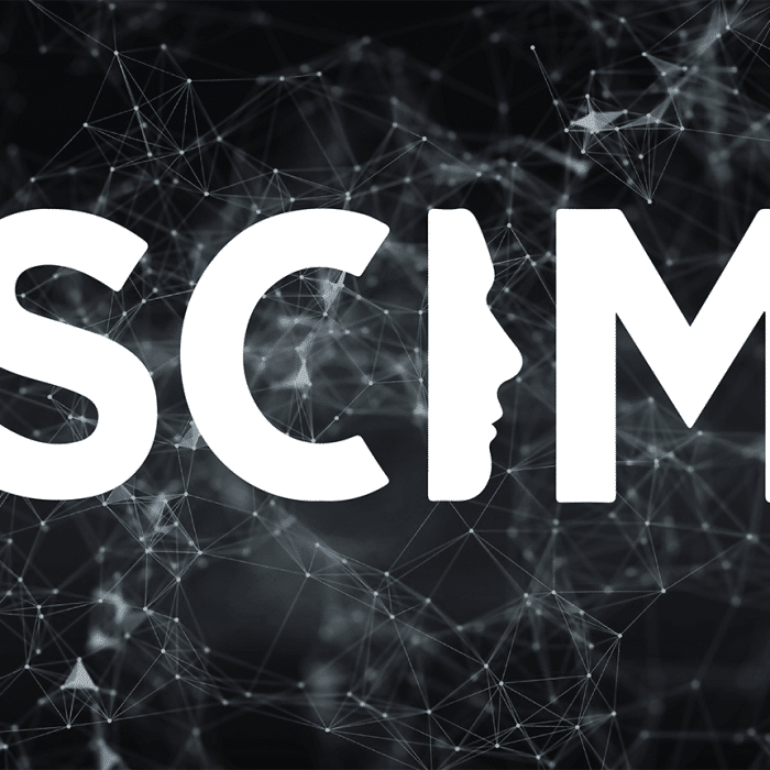 Scim icon over a dark digital background with white dots and lines making a network. » admin by request