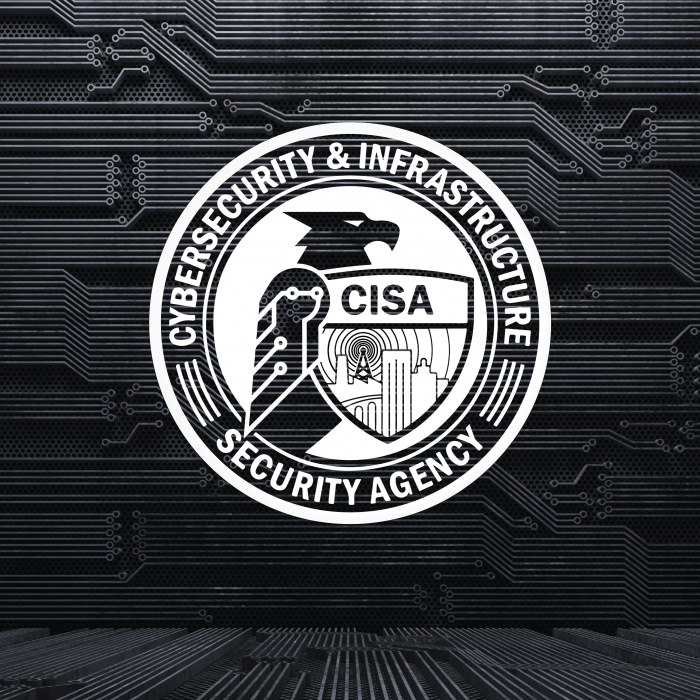 White cisa logo on a black circuit like background. » admin by request
