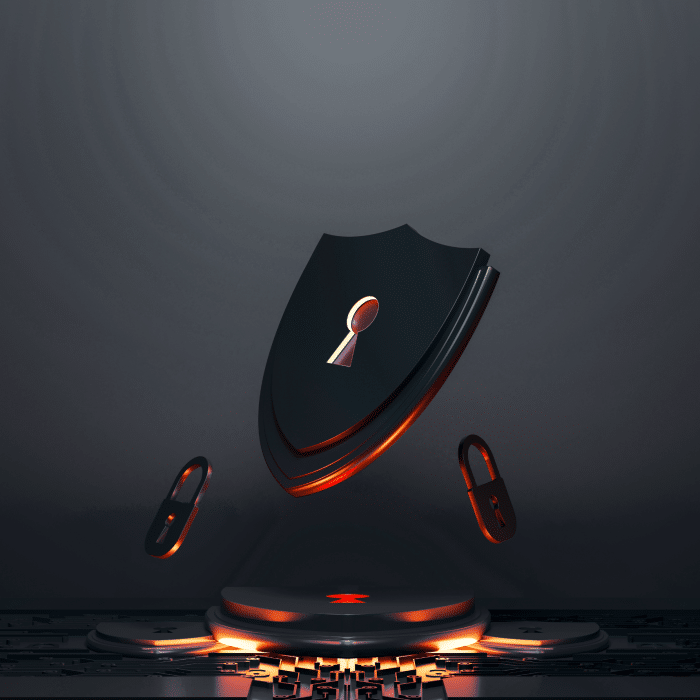 Rendered security graphic of a floating padlock in a shield, admin by request linux release » admin by request