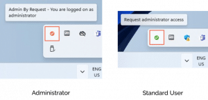 Admin by request tray tool icon showing logged in as admin vs. Logged in a s regular user » admin by request