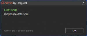 Admin by request popup showing diagnostics have been sent from the about window » admin by request