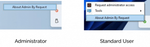 Admin by request tray tools menu comparison - logged in as admin vs. Logged in as regular user » admin by request