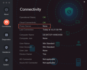 Picture9 » admin by request The admin by request connectivity screen of the about window, displaying no proxy server