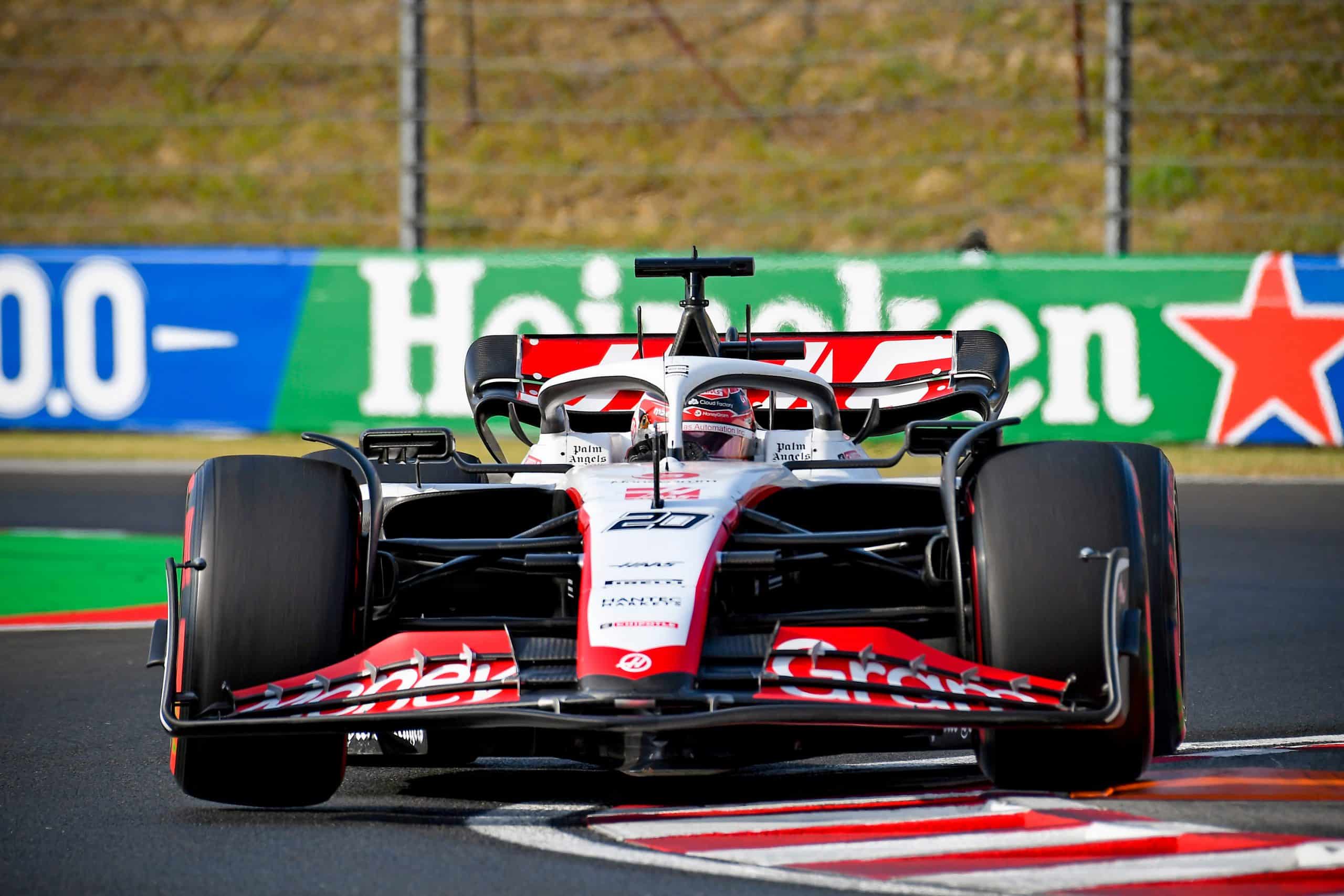 Admin by request sponsored kevin magnussen (haas-ferrari) on the curbs during practice for the 2023 hungarian grand prix at hungaroring outside budapest » admin by request