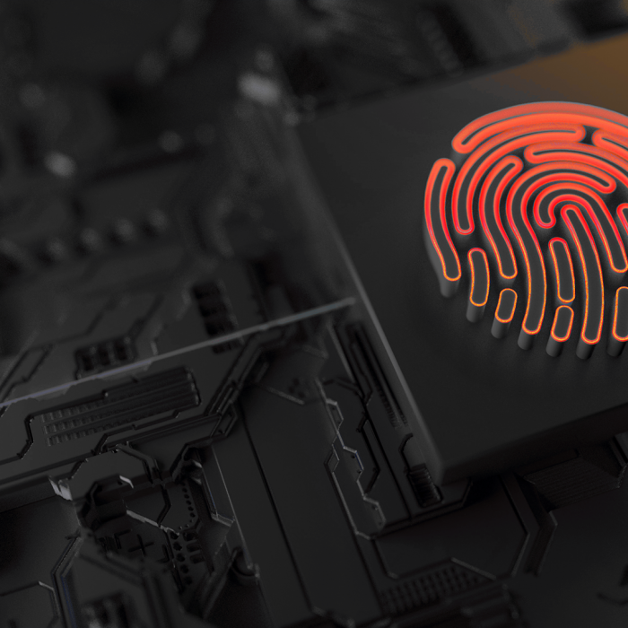 Digital graphic of a 3D fingerprint with neon orange lights