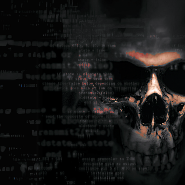 Digital image of a skull amongst floating binary numbers » admin by request