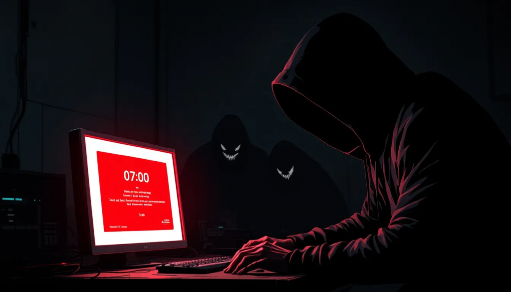 Remotely accessing 1 » admin by request Hacker in a dark room facing a red ransomware alert on a monitor, with ominous figures in the background.