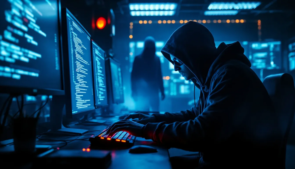 Remotely accessing 2 » admin by request Hacker in a hoodie working on multiple monitors in a dimly lit room with a shadowy figure in the background.