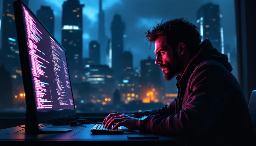 Remotely accessing 4 » admin by request Dedicated programmer working on a glowing monitor with a vibrant cityscape in the background at night.