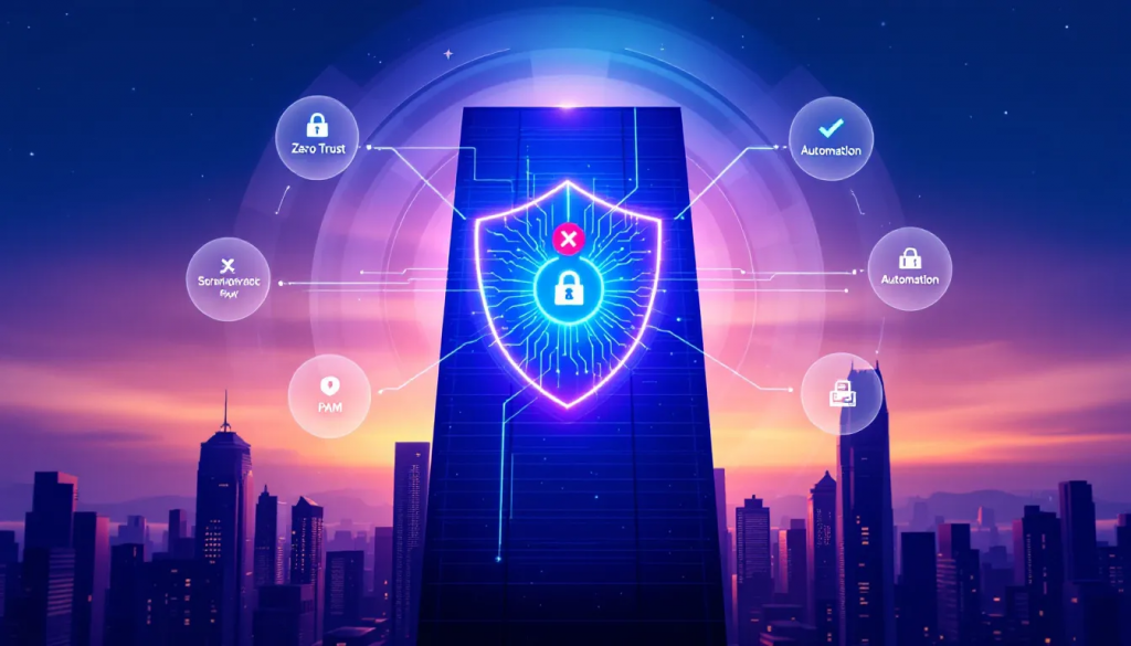 Top 10 pam 2024 1 » admin by request Illustration of cybersecurity concepts featuring a glowing shield with a lock icon, surrounded by automation and zero trust elements.