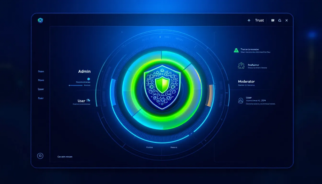 Top 10 pam 2024 2 » admin by request Digital interface displaying a cybersecurity shield icon in a circular dashboard with user roles like admin and moderator highlighted.