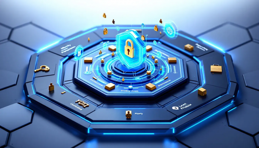 Top 10 pam 2024 3 » admin by request Futuristic cybersecurity platform with a glowing lock at the center, surrounded by data nodes, keys, and security icons.