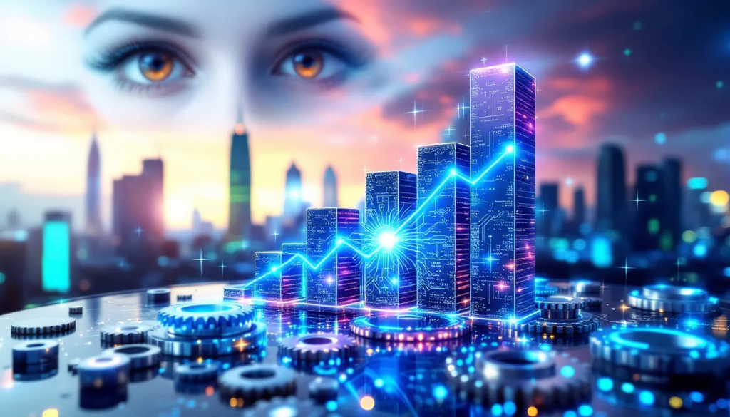 Top 10 pam 2024 4 » admin by request Futuristic cityscape with a glowing data graph, gears in the foreground, and a watchful pair of eyes in the background.