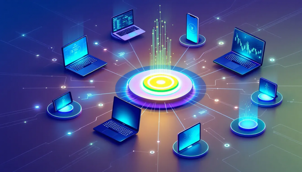 Mastering endpoint 1 » admin by request An illustration depicting various endpoint devices connected to a secure network, highlighting the importance of endpoint security.