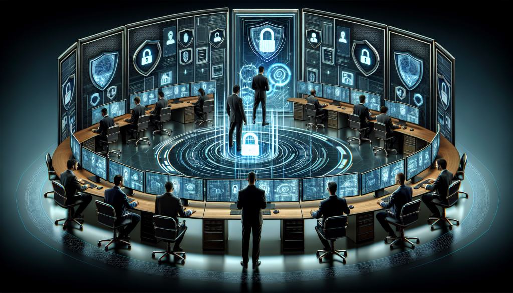 Paw 1 » admin by request Men working in a circular office setup, with screens showcasing secure workstations and security controls.