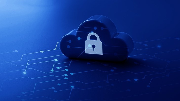 Mastering privilege 3 » admin by request Blue cloud icon with a padlock, symbolizing secure cloud computing, overlaid with a digital network pattern representing connectivity and data protection.