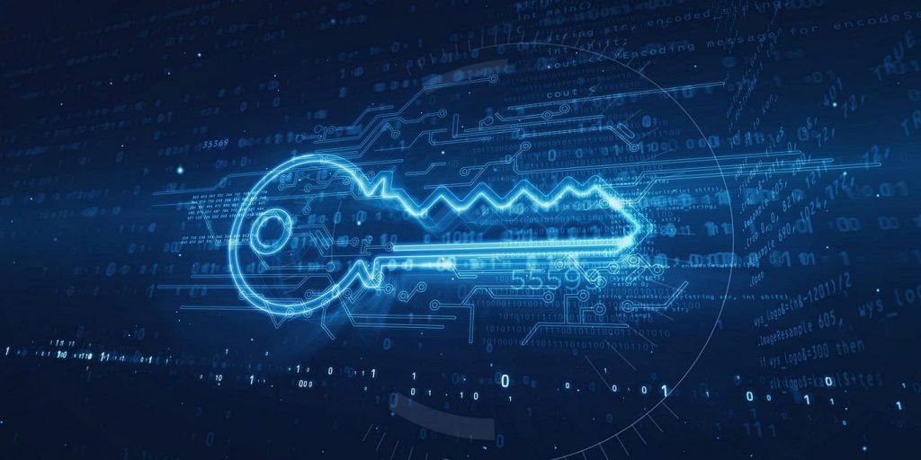 Mastering privilege 4 » admin by request Glowing digital key overlaid with binary code and circuit patterns, symbolizing secure access, encryption, and cybersecurity in a high-tech digital environment.