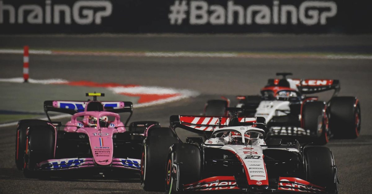 (Kevin Magnussen (Haas-Ferrari) leads Pierre Gasly (Alpine-Renault) and Nyck de Vries (Alpha Tauri-Honda) during the 2023 Bahrain Grand Prix at the Bahrain International Circuit. Photo: Grand Prix Photo