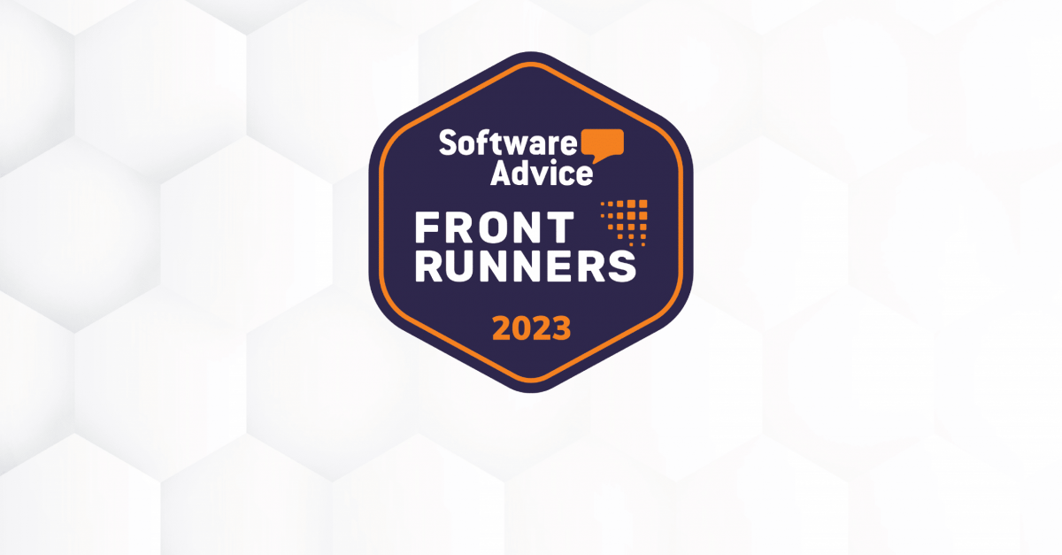 White digital background showing hexagon tiles with the official purple and orange Software Advice FrontRunner 2023 badge in the middle.