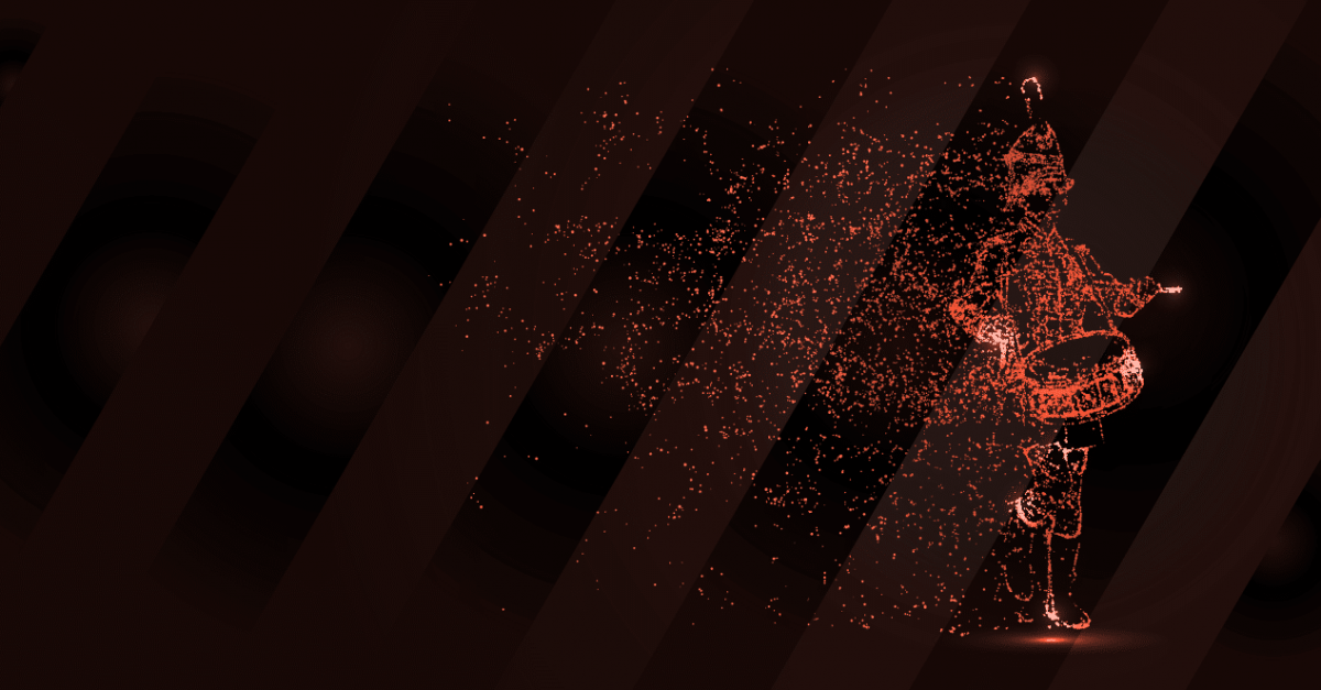 Orange digital particles on a black background forming a person marching with a drum.