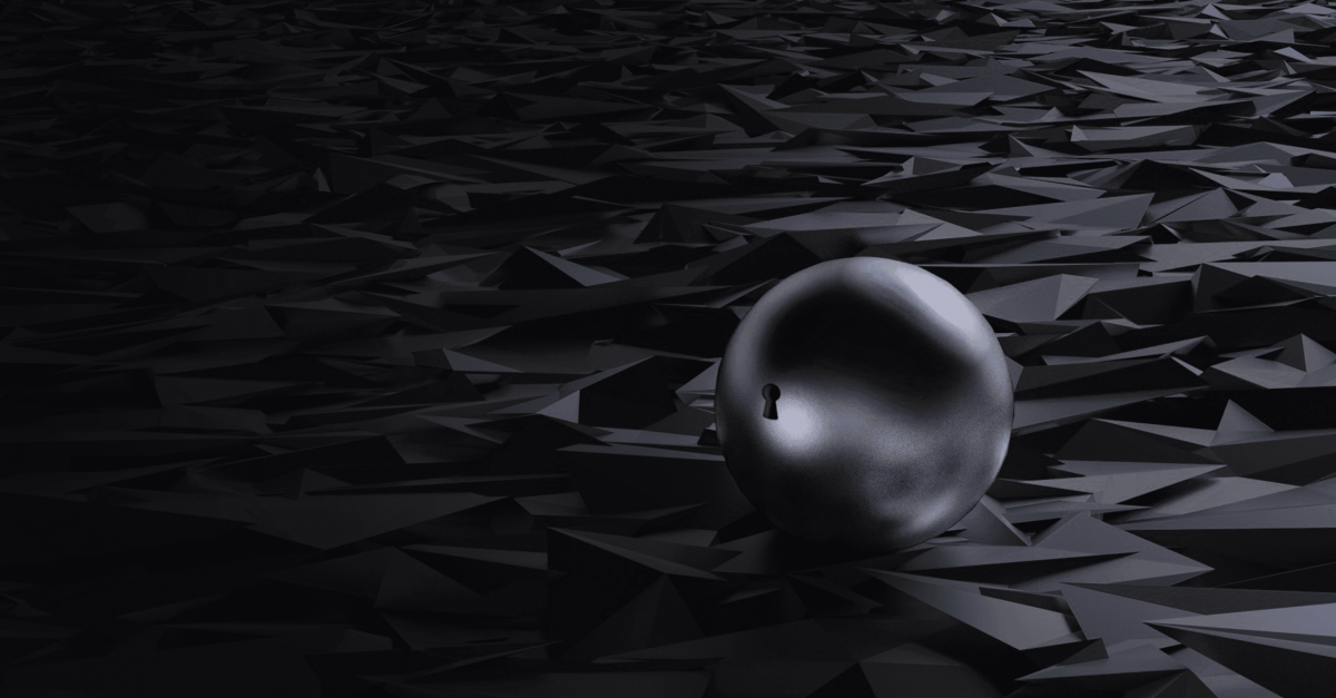 Black and white digital artwork of a ball with a keyhole sitting on a bed made of 3d triangles.