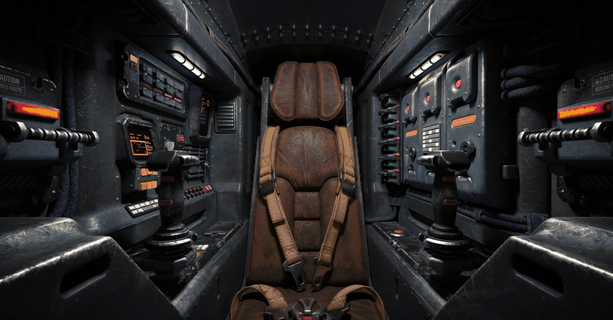 Digital artwork of a cockpit in a spacecraft.