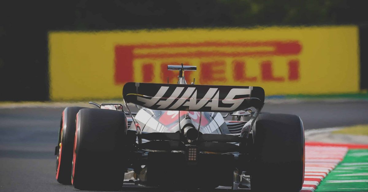 Kevin Magnussen (Haas-Ferrari) seen from behind during practice for the 2023 Hungarian Grand Prix at Hungaroring outside Budapest. Photo: Grand Prix Photo