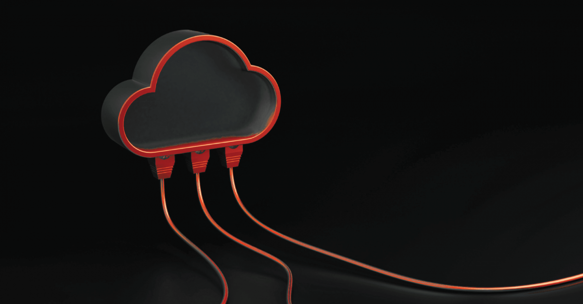 Digital art of a neon-light looking cloud on a black background with three cords coming out of the bottom.