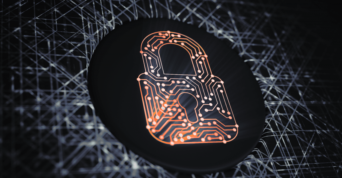 Digital image of a secure padlock cutout with orange light shining through it.